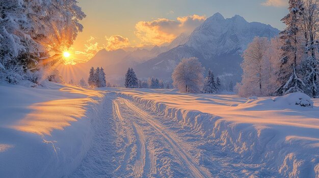 a snowy landscape with a mountain in the background