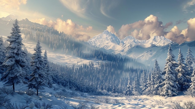 a snowy landscape with a mountain in the background