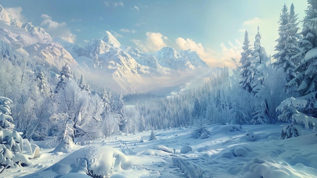 a snowy landscape with a mountain in the background