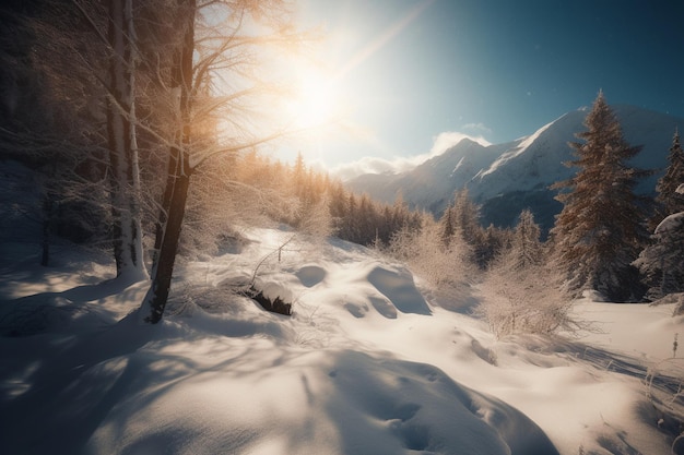 A snowy landscape with a mountain in the background