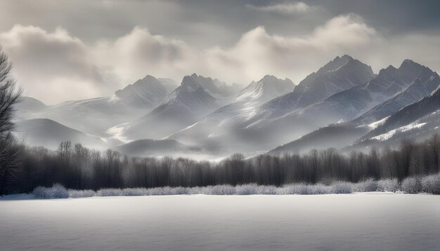 a snowy landscape with a mountain and trees in the background