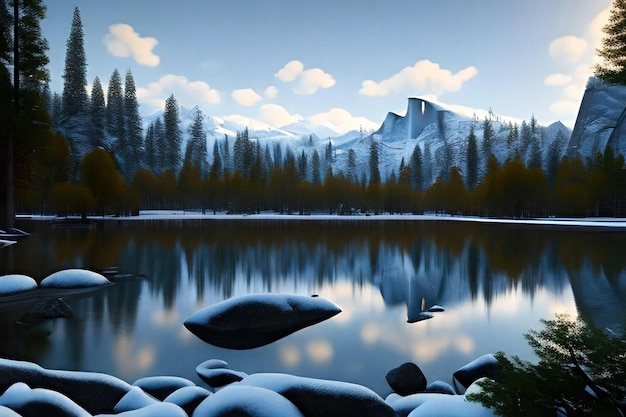 A snowy landscape with mountains in the background and a lake with snow on the ground.