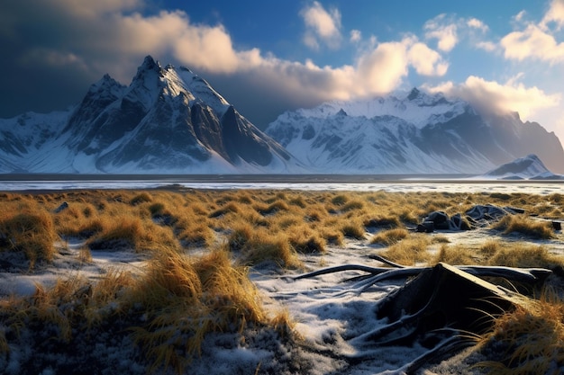 a snowy landscape with mountains in the background and a sign that says quot snow quot