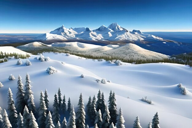 A snowy landscape with mountains in the background