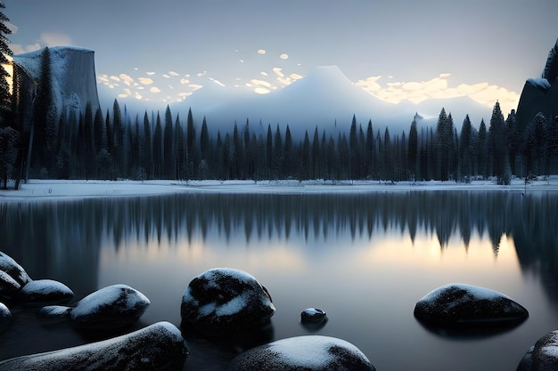 A snowy landscape with mountains in the background