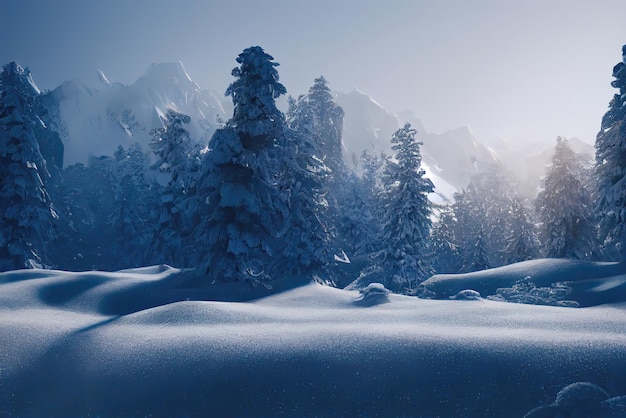 A snowy landscape with mountains in the background