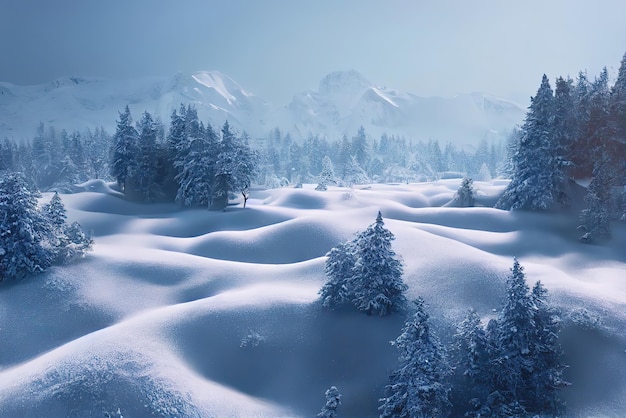 A snowy landscape with mountains in the background