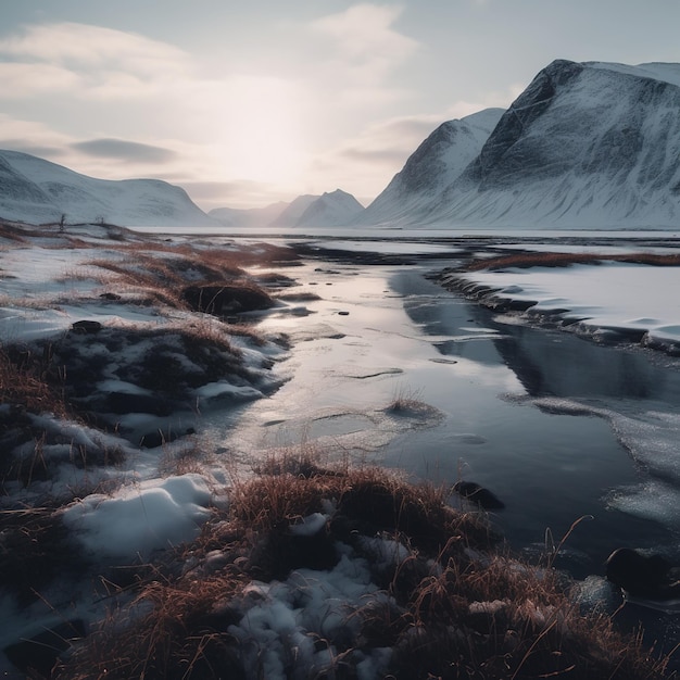 A snowy landscape with mountains in the background