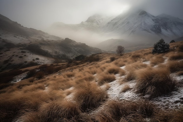 A snowy landscape with mountains in the background