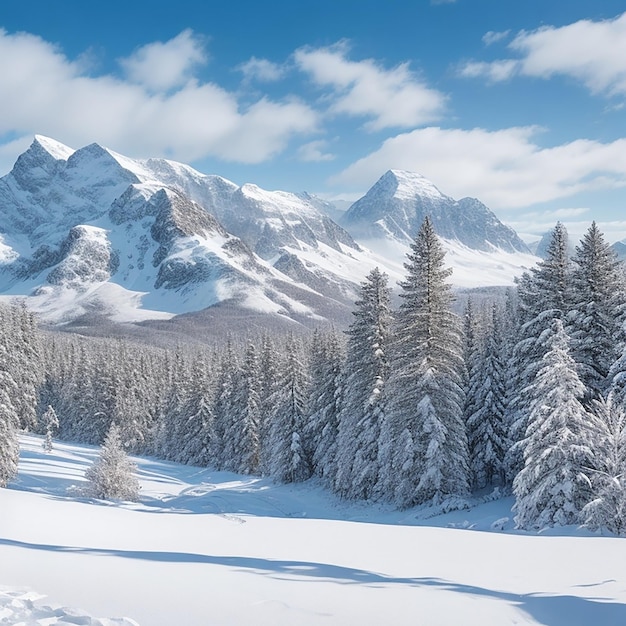 A snowy landscape with mountains and trees covered in snow generated by AI