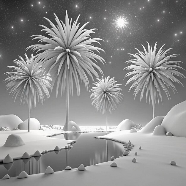 Photo a snowy landscape with palm trees and a star in the sky