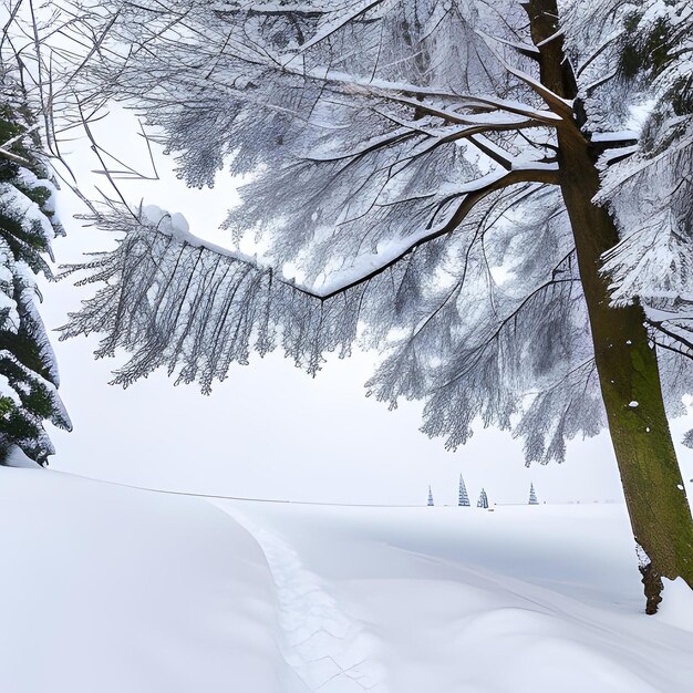 A snowy landscape with a path leading to a tree