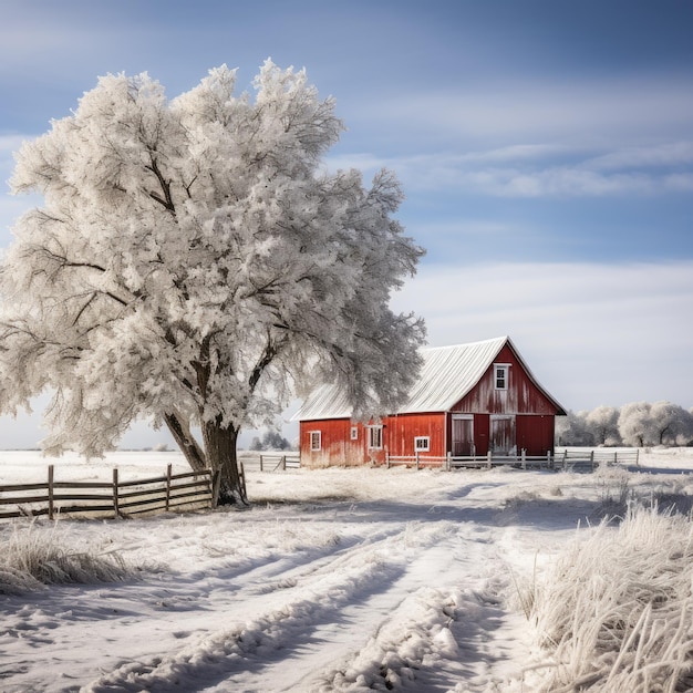 A snowy landscape with a red barn and a decorated evergreen tree