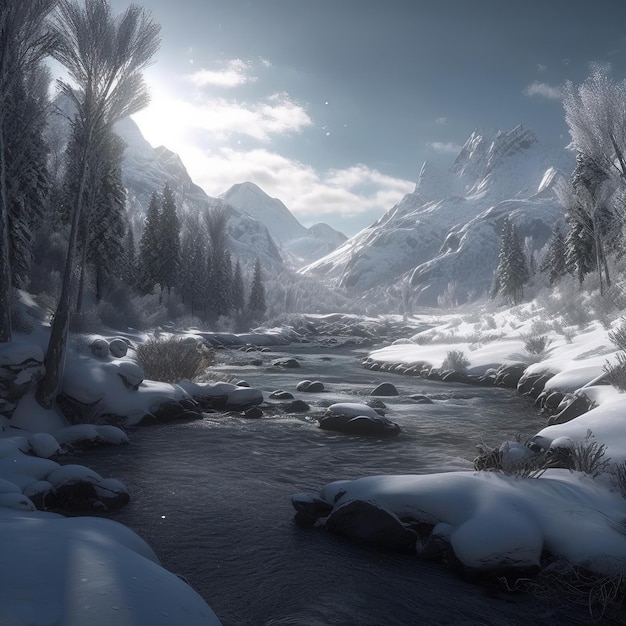 A snowy landscape with a river and mountains in the background.