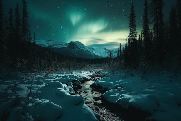 A snowy landscape with a river and mountains in the background.