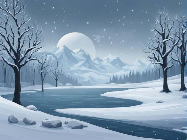 a snowy landscape with a river and trees in the background