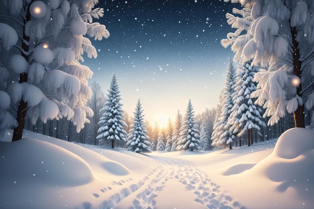 A snowy landscape with a snow covered forest and footprints in the snow.