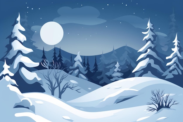 A snowy landscape with a snow covered forest and a full moon