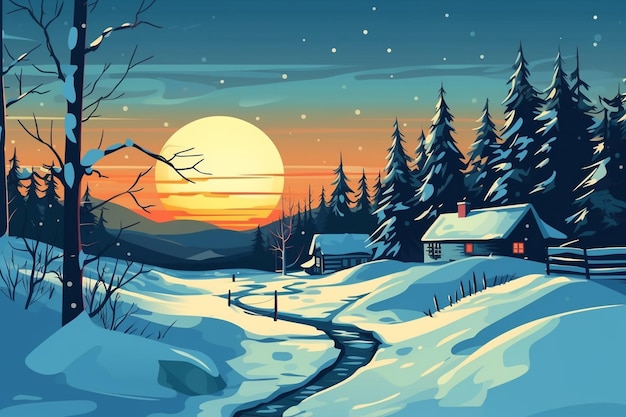 A snowy landscape with a snowy landscape and a snowy landscape with a sunset in the background.