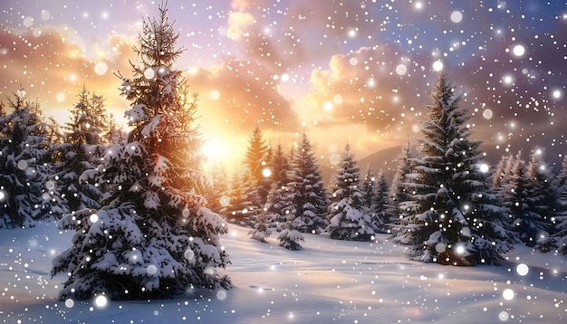 a snowy landscape with a snowy landscape and a snowy landscape with trees and a sunset