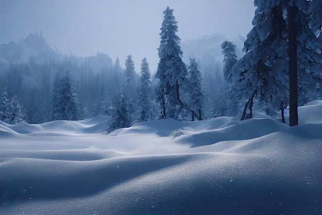 A snowy landscape with a snowy landscape and trees covered in snow