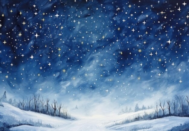 snowy landscape with stars under the moon in winter