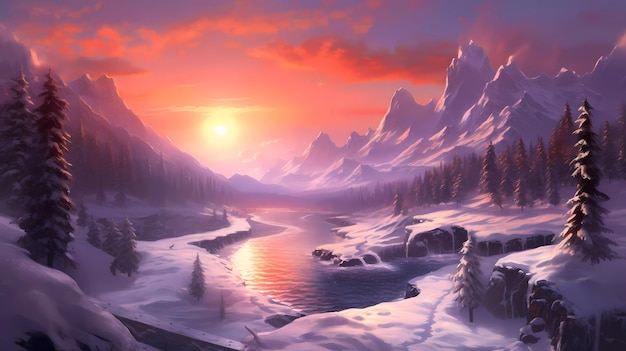 A snowy landscape with a sunset and a river in the foreground.