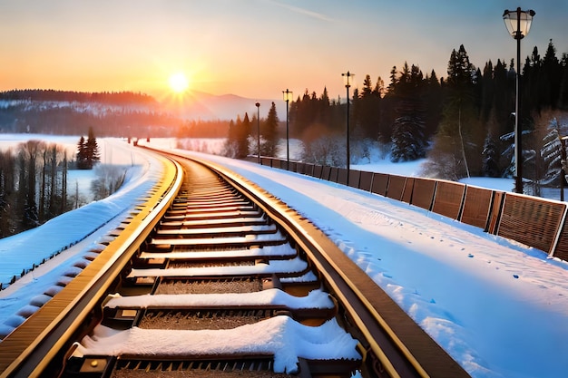 A snowy landscape with tracks and a sunset in the background