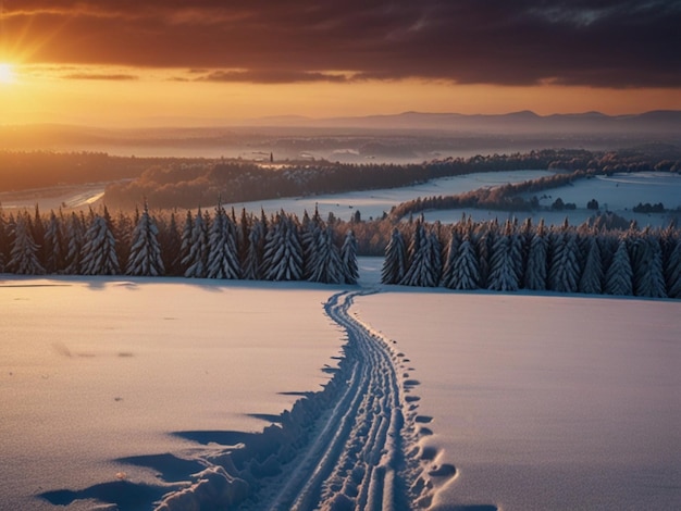 a snowy landscape with a trail in the snow