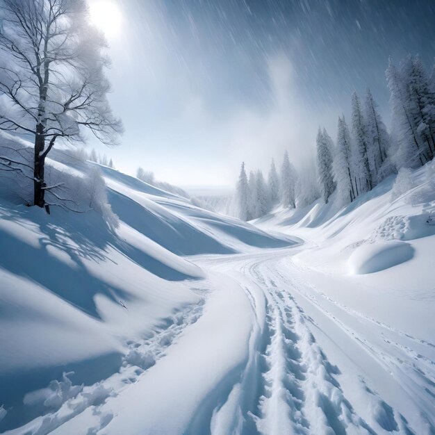 a snowy landscape with a trail and trees in the background