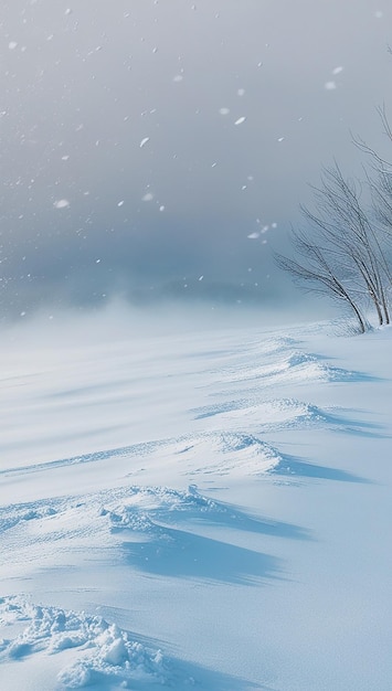 a snowy landscape with a tree in the foreground and a snowy background with a few trees