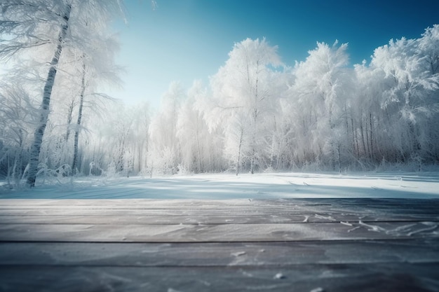 A snowy landscape with trees and a blue sky