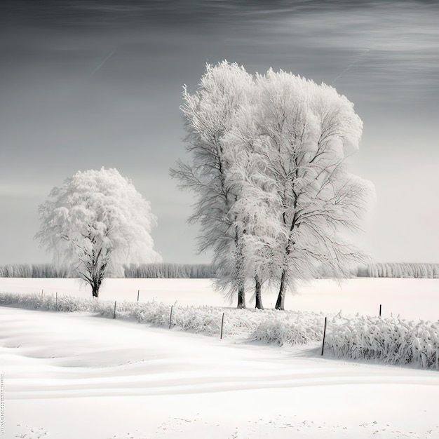 A snowy landscape with trees and a fence in the background.