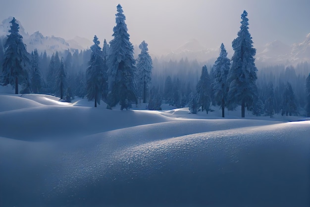 A snowy landscape with trees in the foreground and mountains in the background.