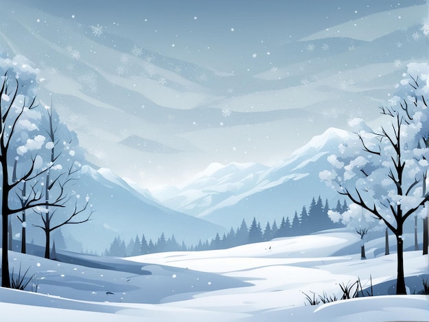 a snowy landscape with trees and mountains in the background