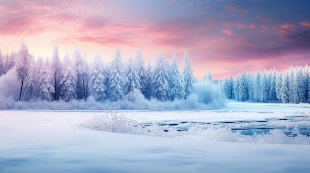 a snowy landscape with trees and a river