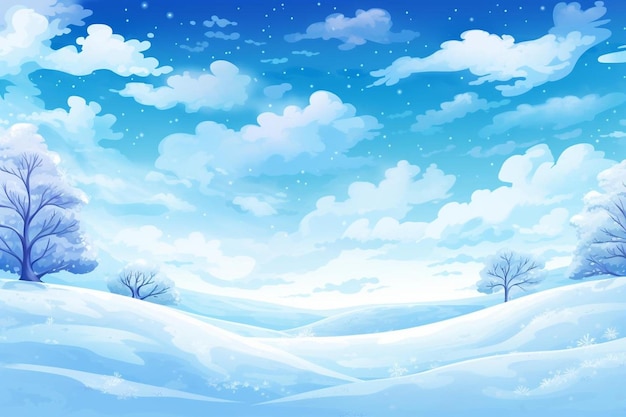 a snowy landscape with trees and snow covered mountains.