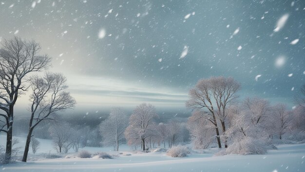 a snowy landscape with trees and a sunset in the background