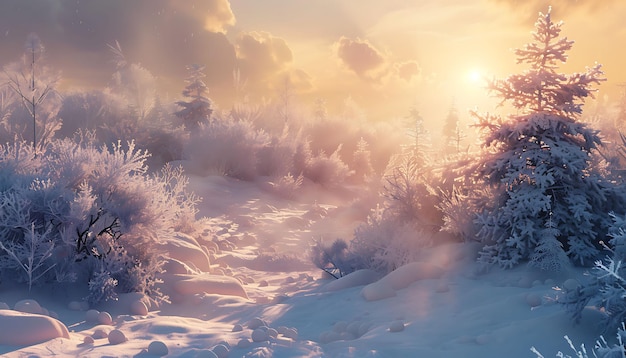 a snowy landscape with trees and a sunset in the background