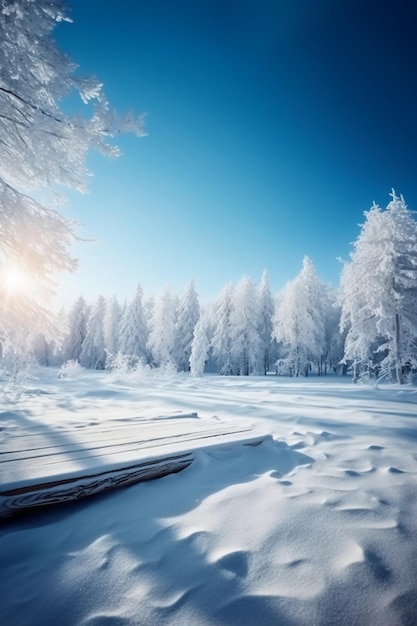 A snowy landscape with a wooden bench and a blue sky with the sun shining on it.