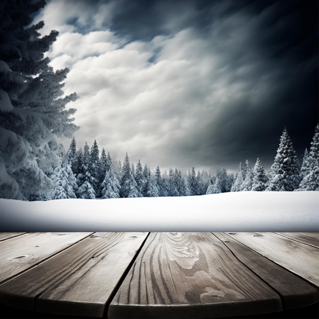 A snowy landscape with a wooden table and a snowy landscape.