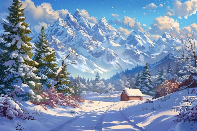 Snowy Mountain Cabin Landscape