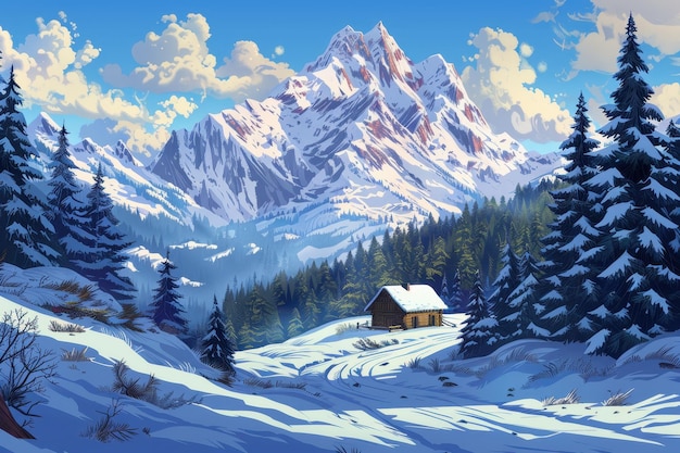 Snowy Mountain Cabin Landscape