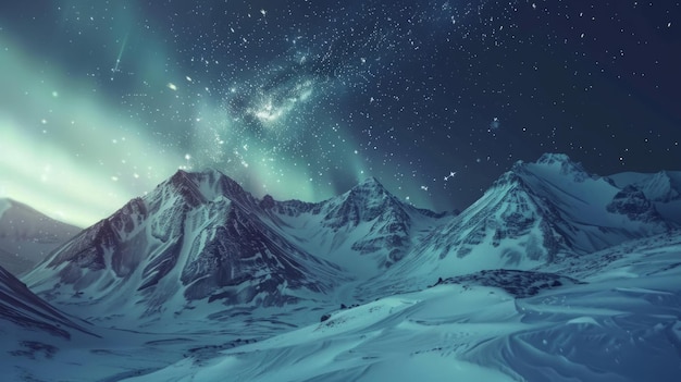 Snowy mountain covered in snow under night sky