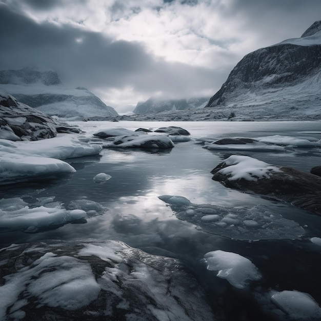 A snowy mountain is in the background with the word ice on it.