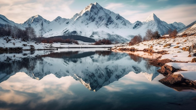 A snowy mountain is reflected in a lake with a snowy mountain in the background.