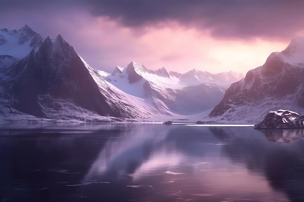 A snowy mountain is reflected in a lake