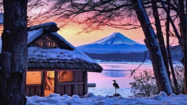 A snowy mountain is seen behind a house with a snowy mountain in the background.