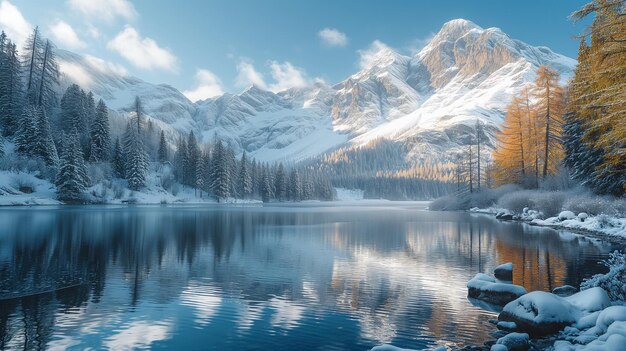 Photo a snowy mountain lake with a mountain in the background