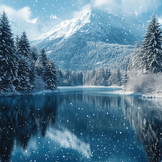 Photo a snowy mountain lake with a reflection of a mountain in the background